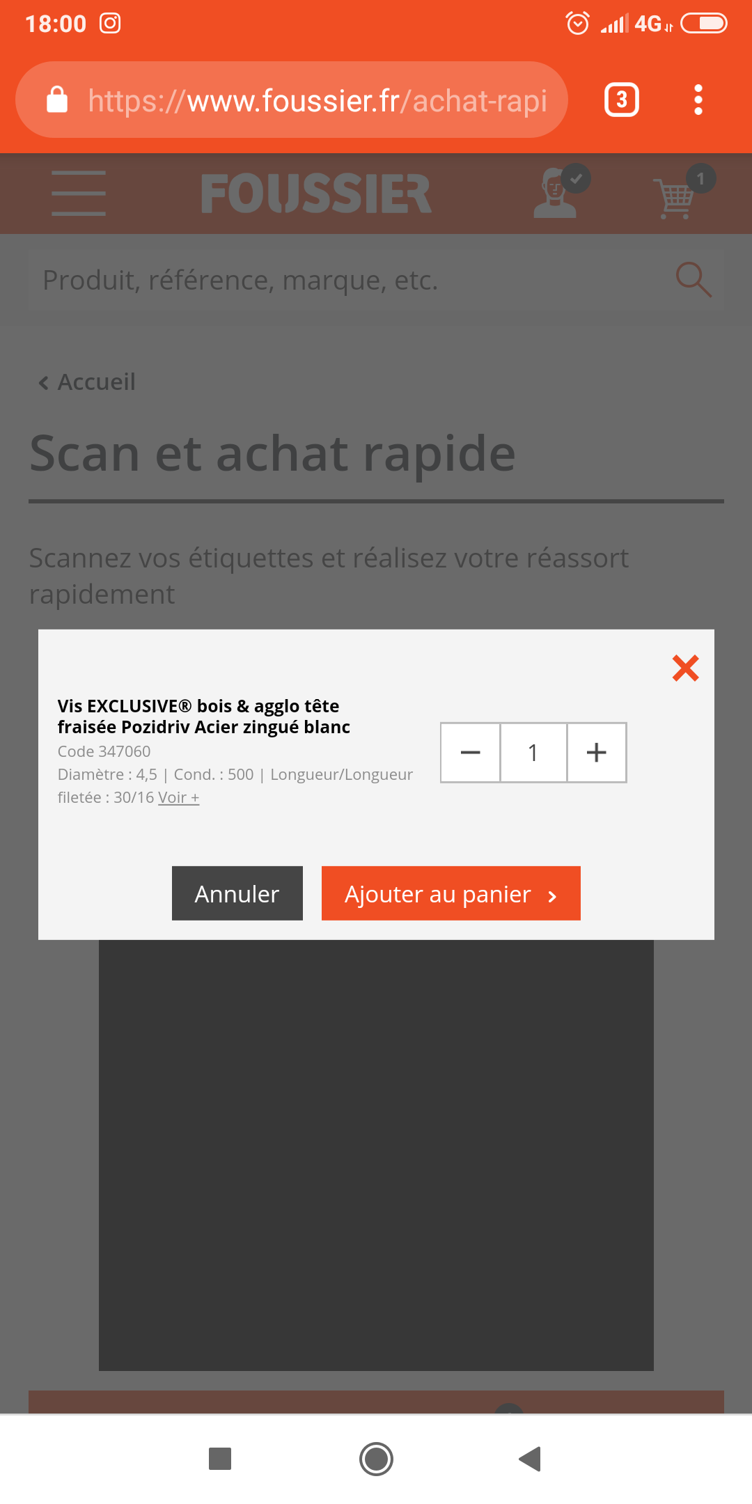 Fenêtre ajout panier